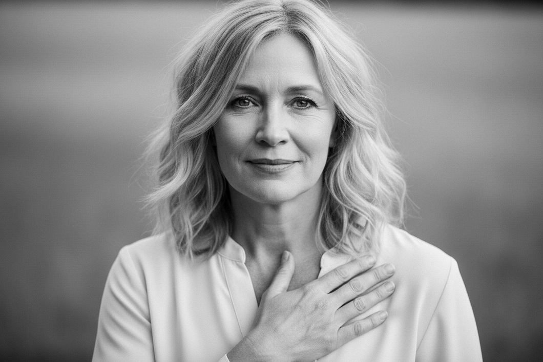 middle aged blonde haired woman with hand on heart peaceful caring in black and white